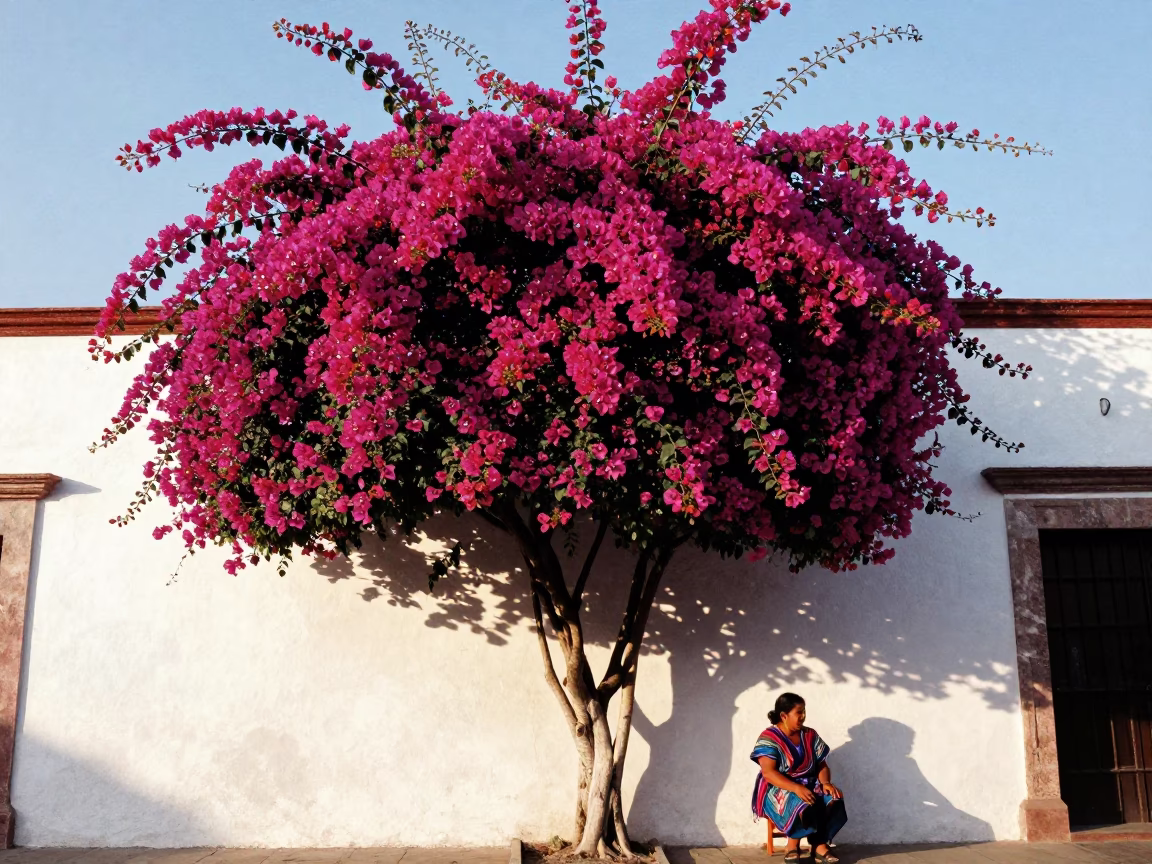 Bouganvillea Cascade in Mexico City at Clear Late-afternoon Light in in Mexico City, Mexico