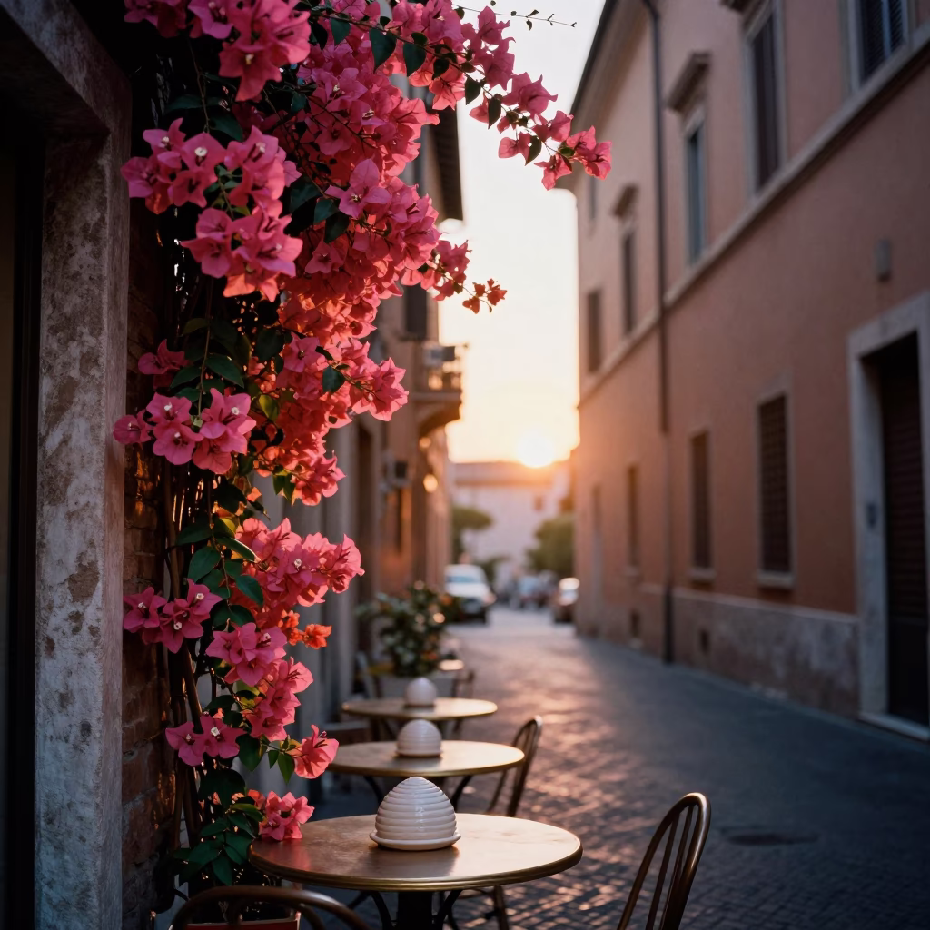 Bouganvillea Cascade in Rome at As The Sun Drops Toward The Horizon in in Rome, Italy