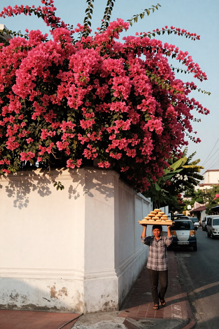Bouganvillea Cascade Over White Garden Wall in Late Afternoon Bangkok Thailand Street Scene in in Bangkok, Thailand