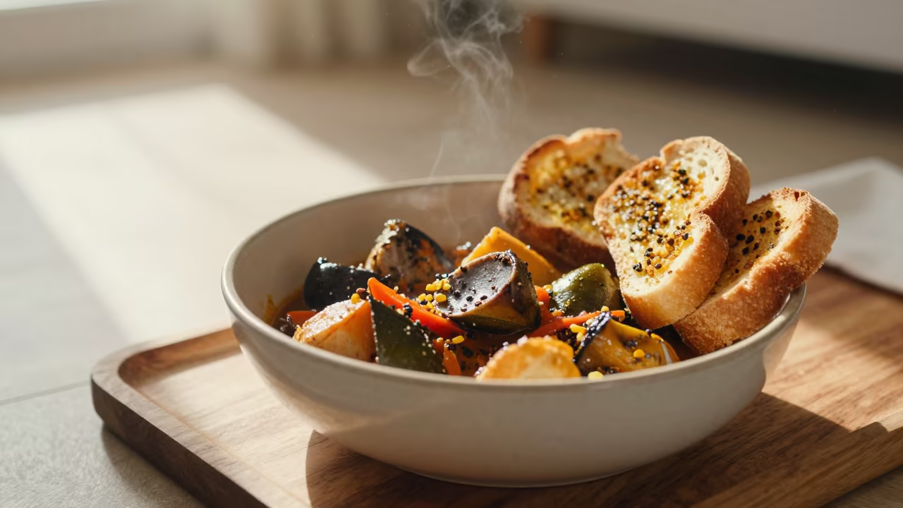 Bouillabaisse Bowl with Rouille Toast on Tray in on a tea house tray in Alcalá de Henares