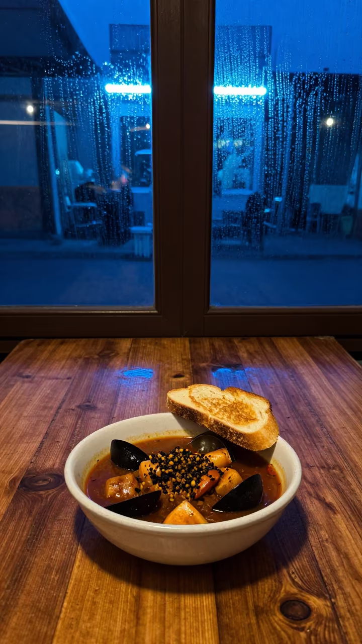 Bouillabaisse and Rouille in N'Djamena Blue Light in on a rustic wooden table in N'Djamena