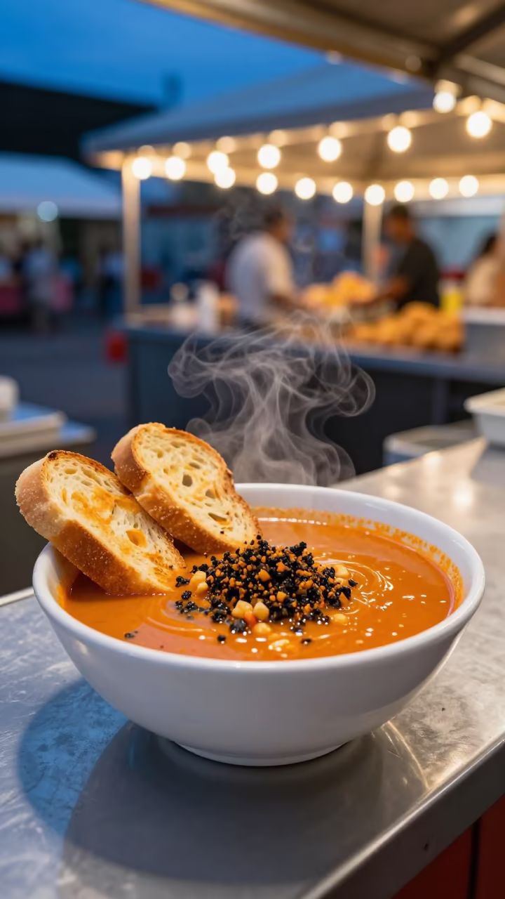 Bouillabaisse and Rouille Toast at Libreville Market in at a market stall counter in Libreville