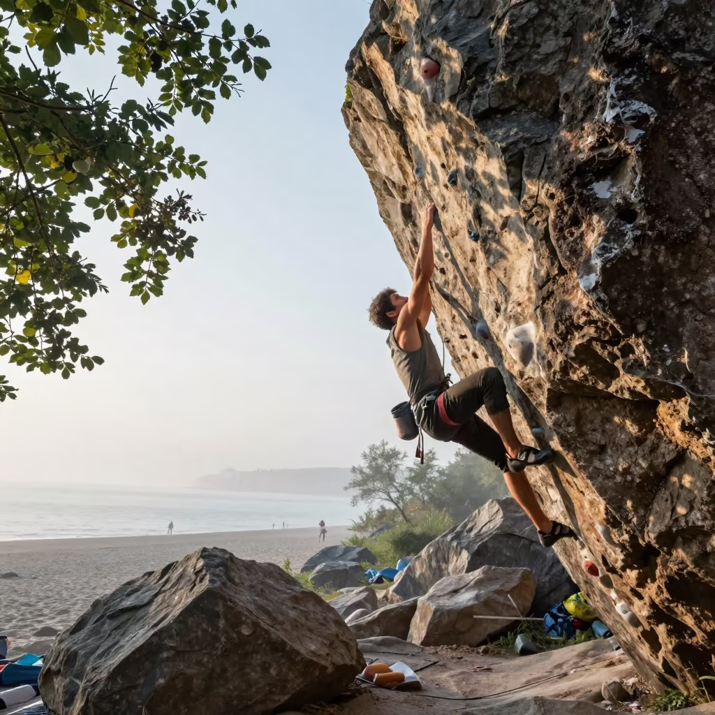 Bouldering Climber Reaching Hold Samara Beach in along a beach near Samara