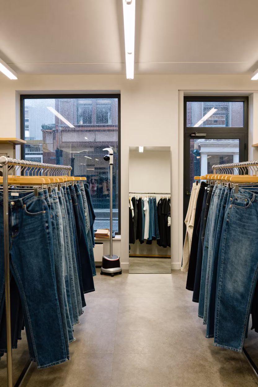 Boutique Denim Rack Mirror Steamer Liverpool in beside a seasonal endcap near the sales floor near Liverpool
