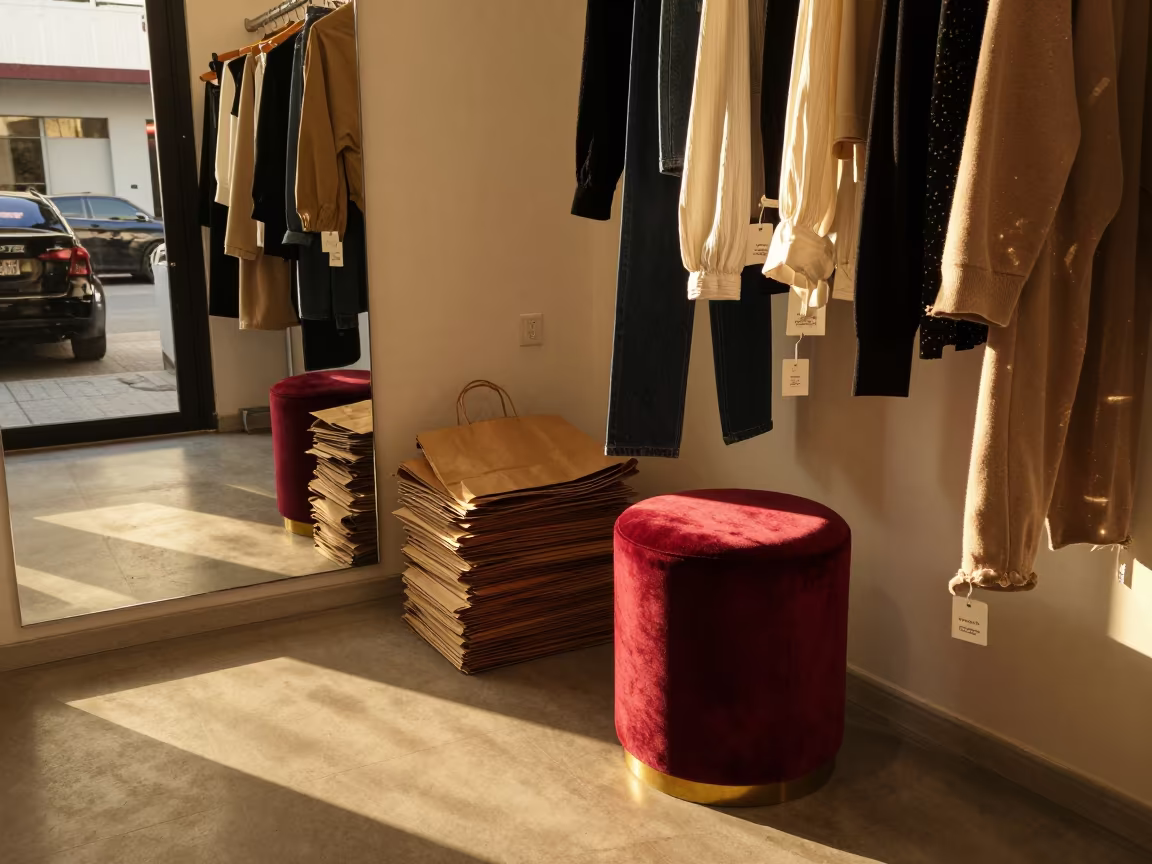 Boutique Fitting Room with Velvet Stool and Pinned Hems in at a cash wrap counter with bags stacked nearby in Cúcuta