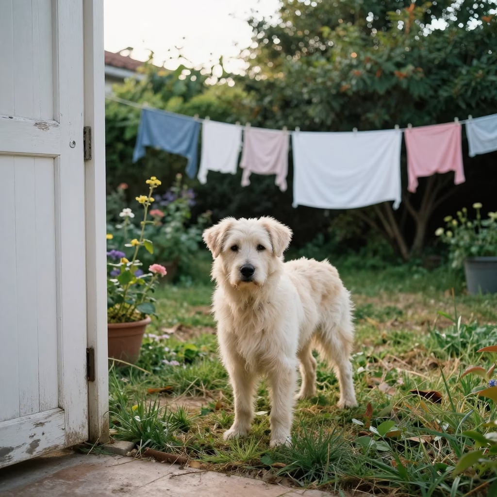Bouvier des Ardennes in Maracay Morning Yard in near a garden edge with soft morning light and an uncluttered background in Maracay