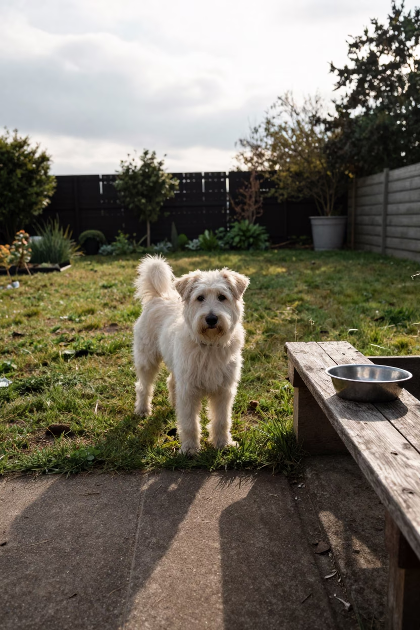 Bouvier des Ardennes in Morning Yard Light in near a garden edge with soft morning light and an uncluttered background in Rudny