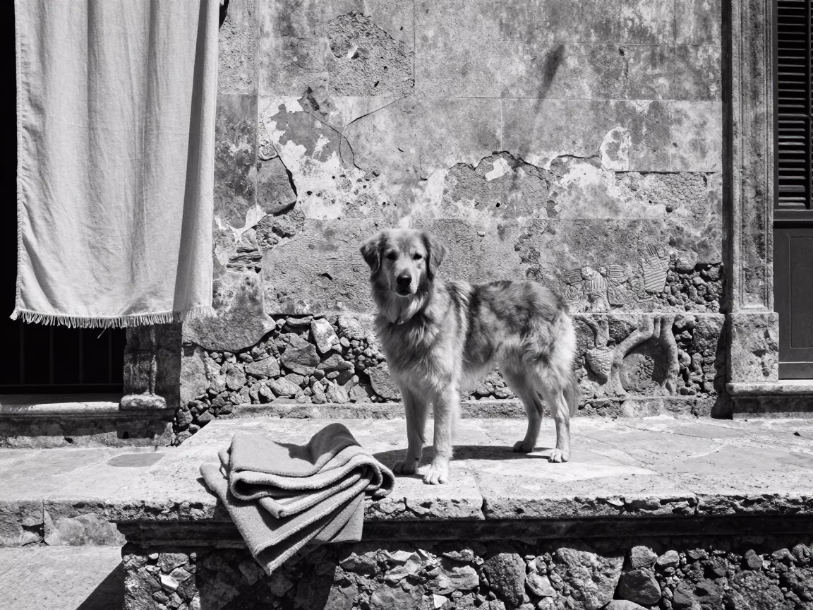 Bouvier des Ardennes in Palermo Courtyard in beside a plain courtyard wall in clear daylight with the animal at eye level in Palermo