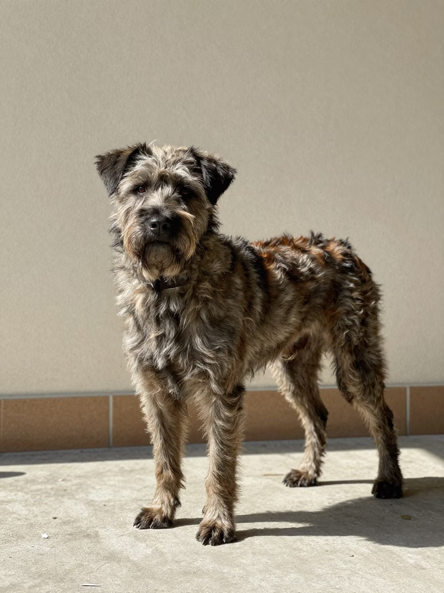 Bouvier des Ardennes in San Salvador Courtyard in beside a plain courtyard wall in clear daylight with the animal at eye level in San Salvador