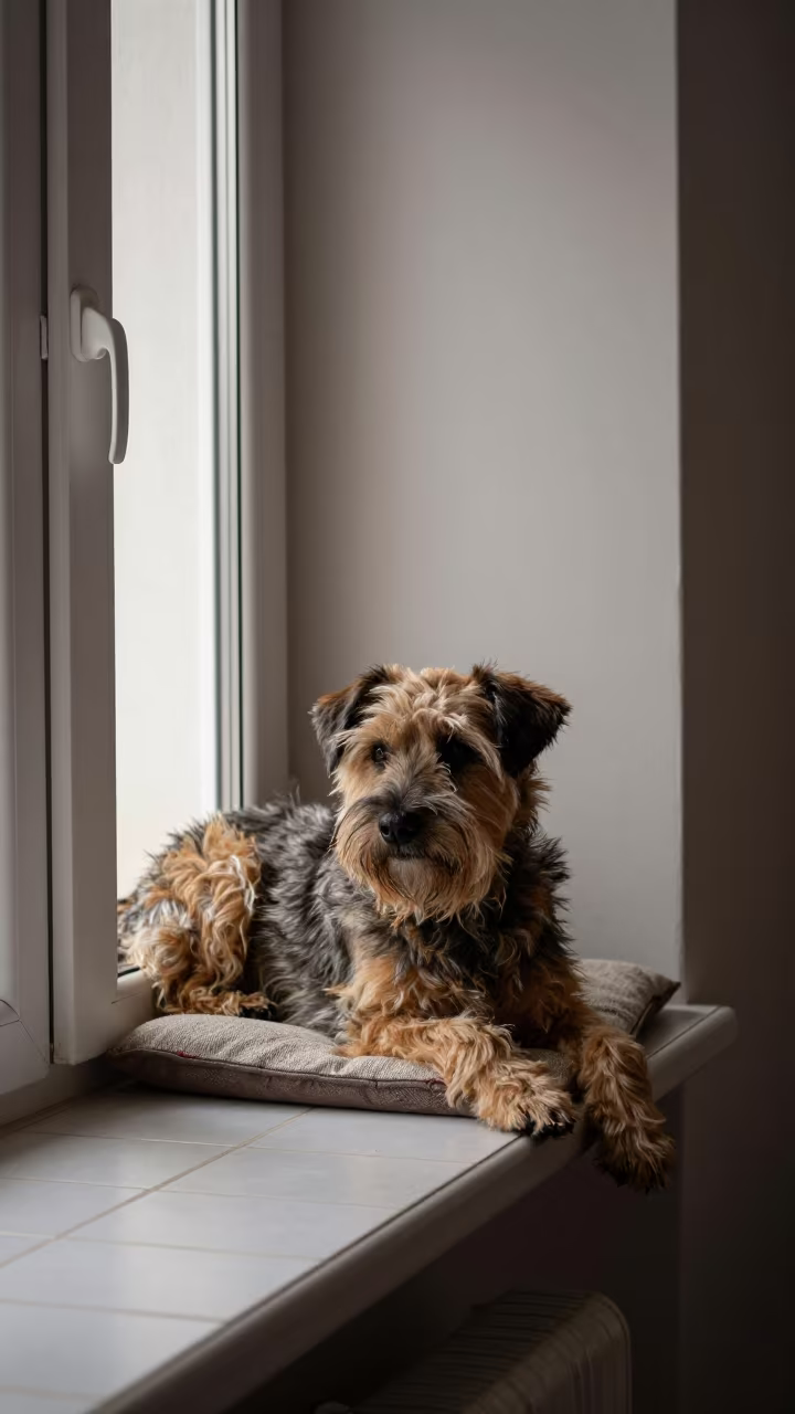 Bouvier des Ardennes on Astana Window Seat in on a window seat in a quiet apartment with soft side light in Astana