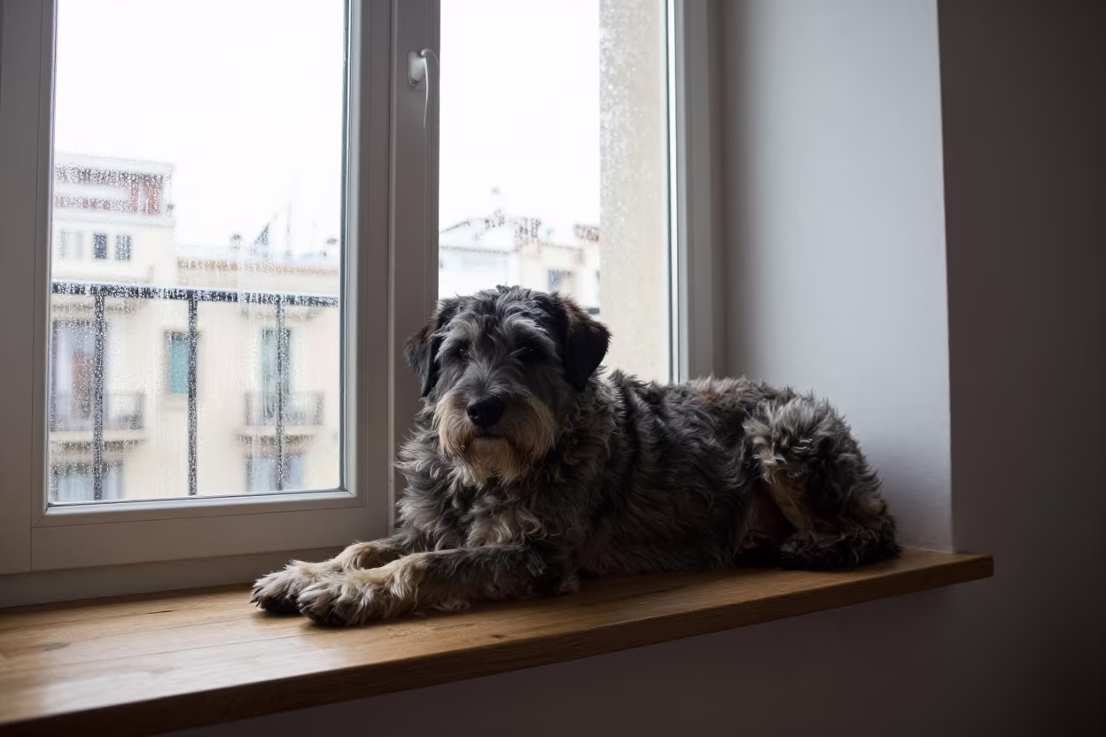Bouvier des Ardennes on Barcelona Window Seat in on a window seat in a quiet apartment with soft side light near Gracia, Barcelona