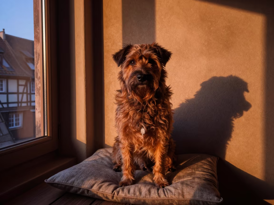 Bouvier des Ardennes Portrait in Colmar Window Light in on a cushioned window seat with soft side light and an uncluttered background in Colmar