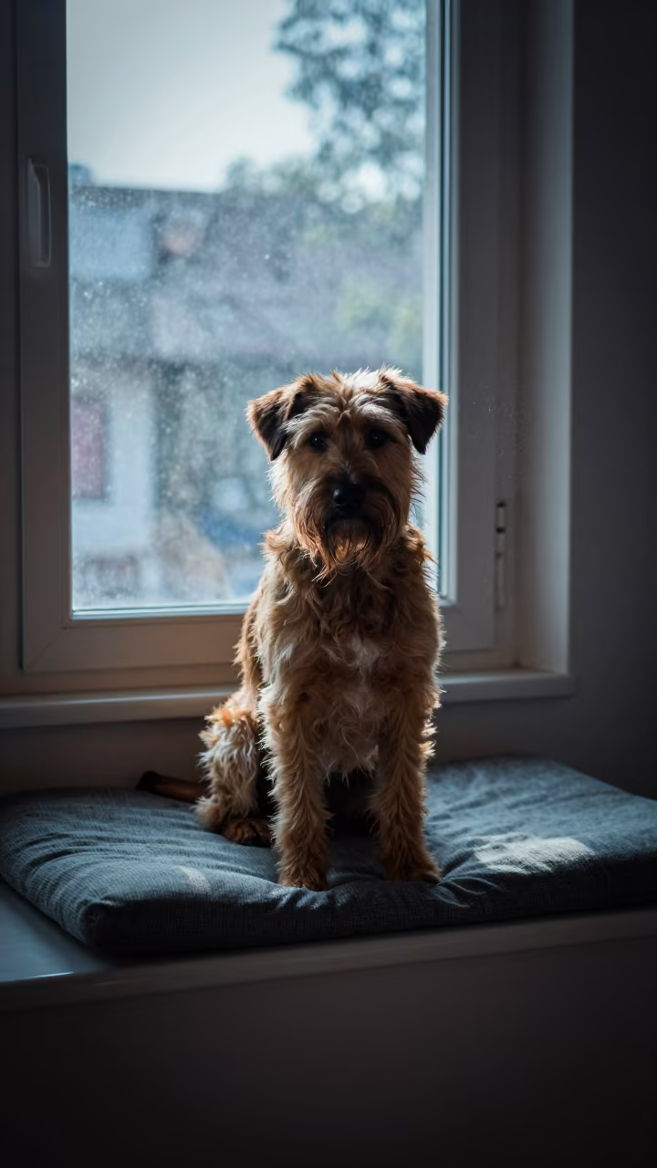 Bouvier Des Ardennes Portrait In Delhi Morning Light in on a cushioned window seat with soft side light and an uncluttered background in Delhi