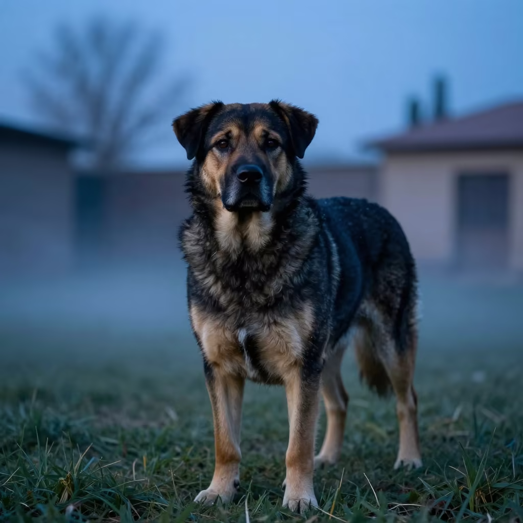 Bouvier des Ardennes Portrait in Erbil Twilight in in a small yard with clipped grass, calm light, and the animal centered in frame near Erbil