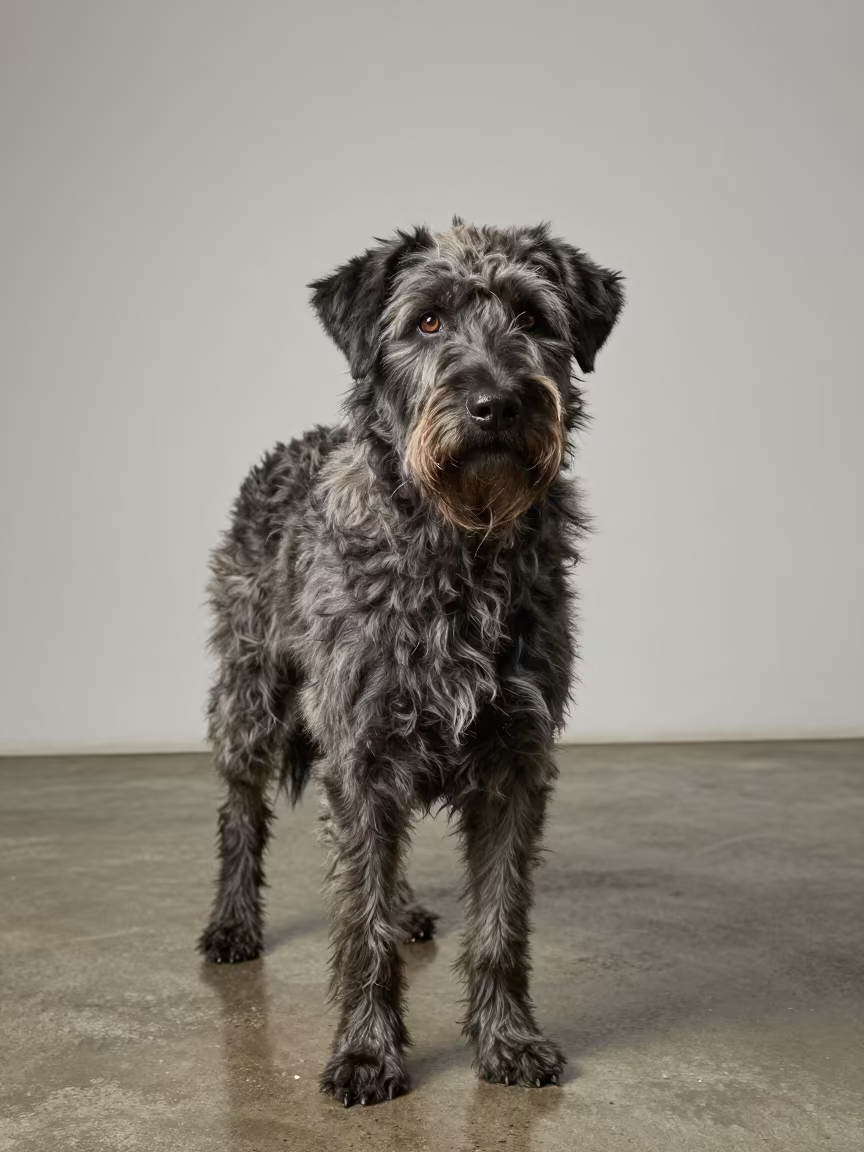 Bouvier des Ardennes Portrait in Mostaganem Studio in in a quiet portrait studio with a plain backdrop and eye-level framing near Mostaganem