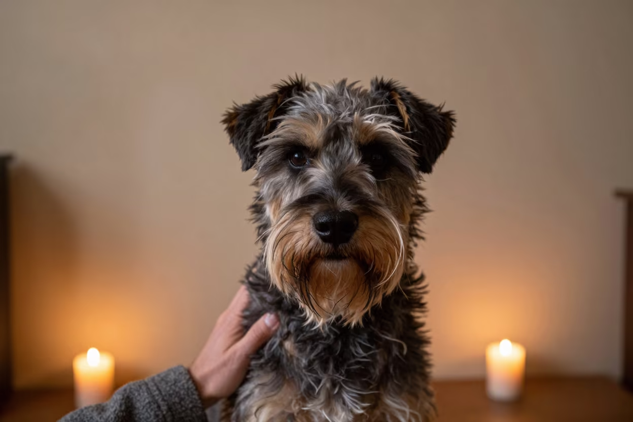 Bouvier des Ardennes Portrait in Old Town Krakow in beside a plain plaster wall in soft indoor light with the animal centered in frame in Old Town, Krakow