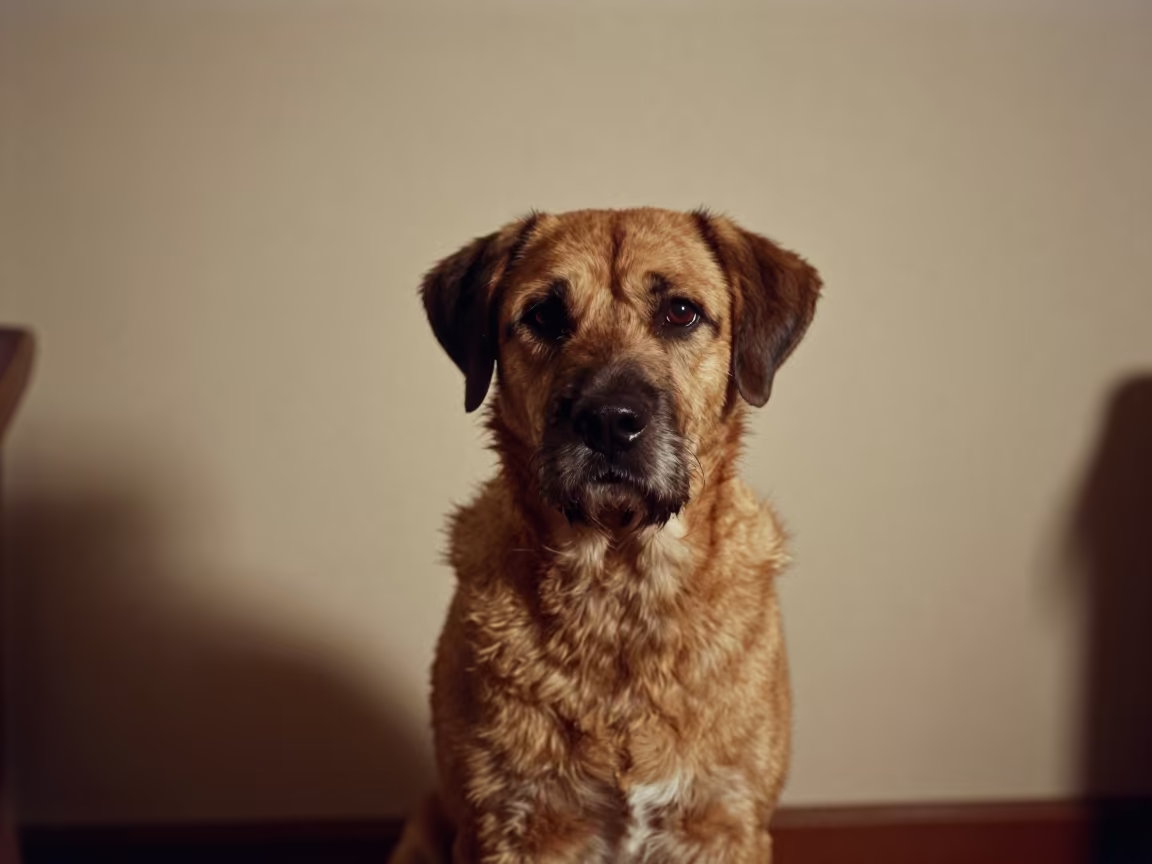 Bouvier des Ardennes Portrait in Soft Indoor Light in beside a plain plaster wall in soft indoor light with the animal centered in frame near Mysore