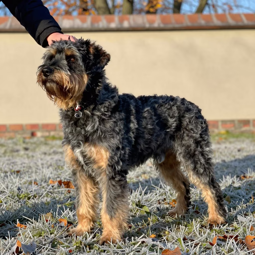 Bouvier des Ardennes Portrait in Torun Courtyard in beside a plain courtyard wall in clear daylight with the animal at eye level near Torun