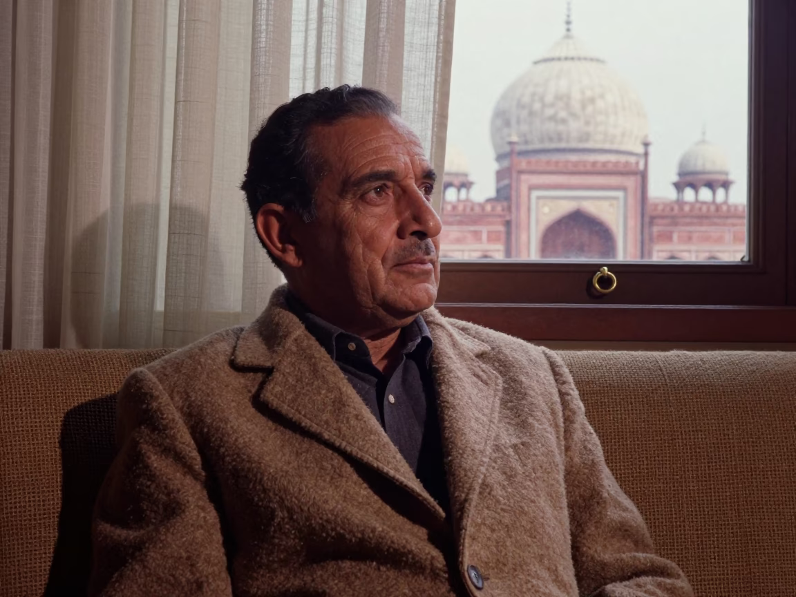Bouvier des Ardennes Portrait Near Delhi Window in on a sofa near a curtained window with calm indoor light near Jama Masjid, Delhi