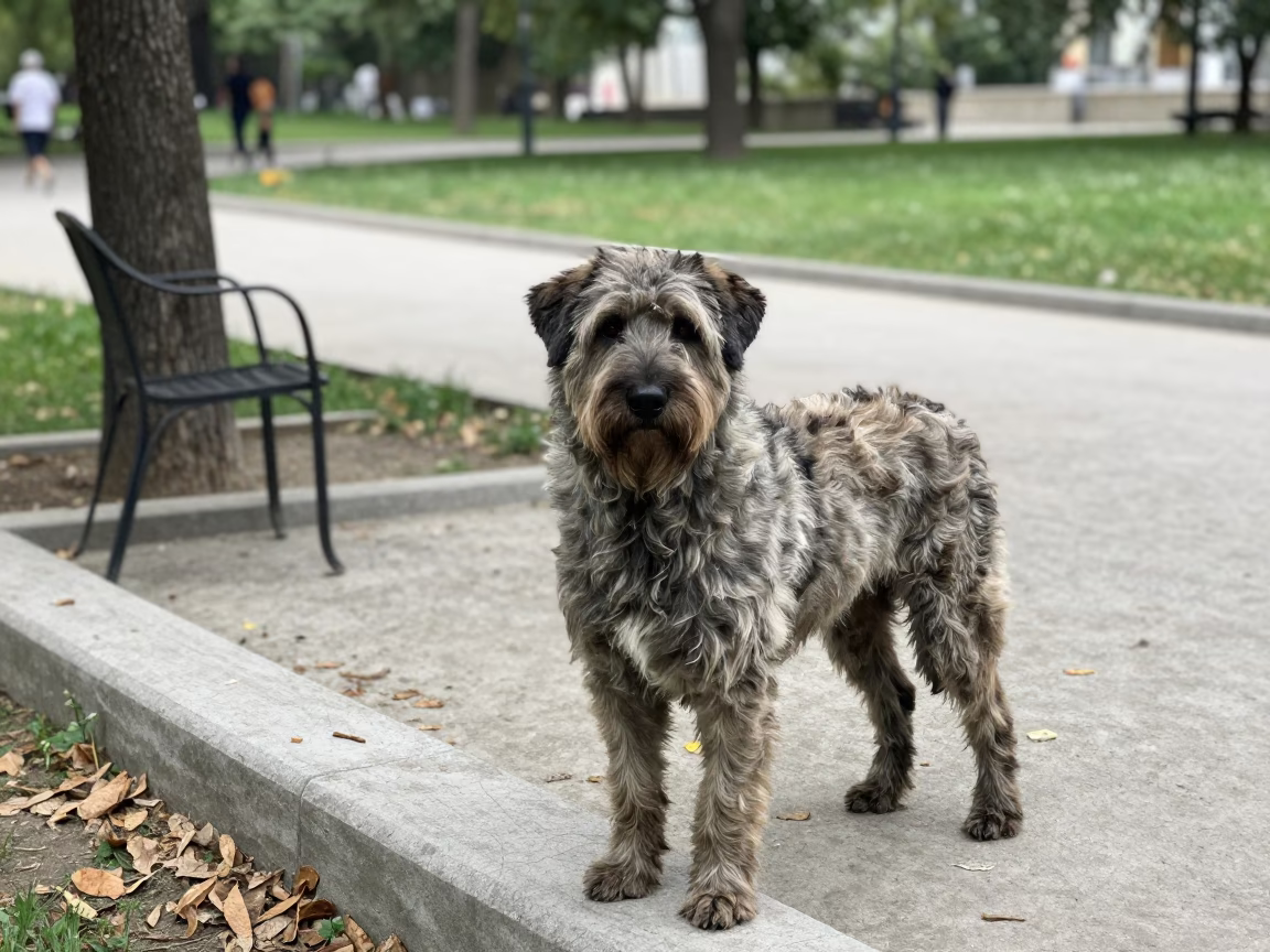 Bouvier des Ardennes Portrait on Dushanbe Path in along a quiet park path with soft open shade and a clean background in Dushanbe