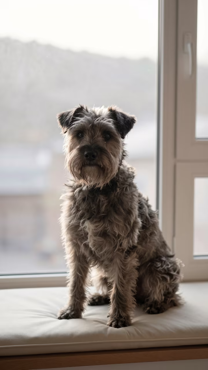 Bouvier des Ardennes Portrait on Seoul Window Seat in on a cushioned window seat with soft side light and an uncluttered background in Seoul