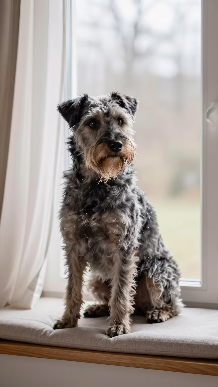 Bouvier des Ardennes Portrait on Window Seat in on a cushioned window seat with soft side light and an uncluttered background near Pali