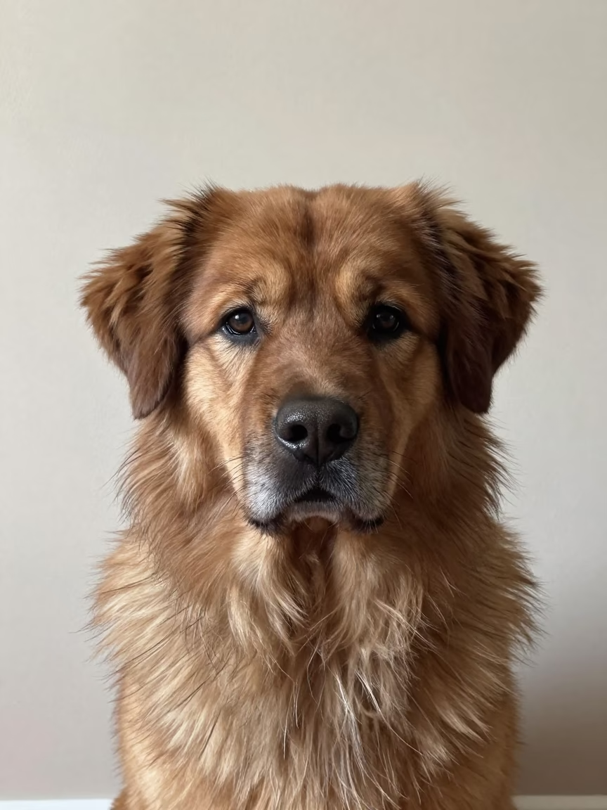 Bouvier des Ardennes Portrait Soft Indoor Light in beside a plain plaster wall in soft indoor light with the animal centered in frame in Matola