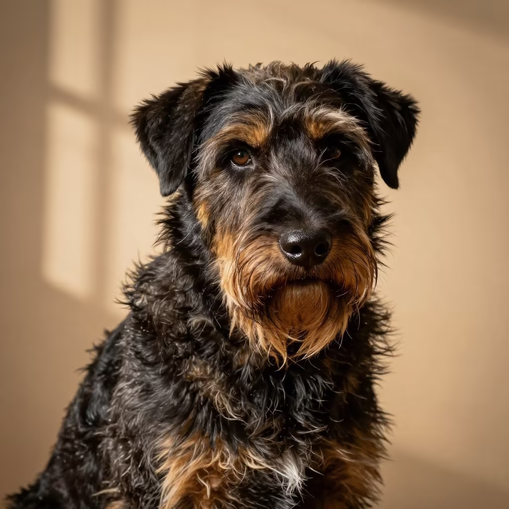 Bouvier des Ardennes Portrait with Autumn Light in in a quiet portrait studio with a plain backdrop and eye-level framing near Van