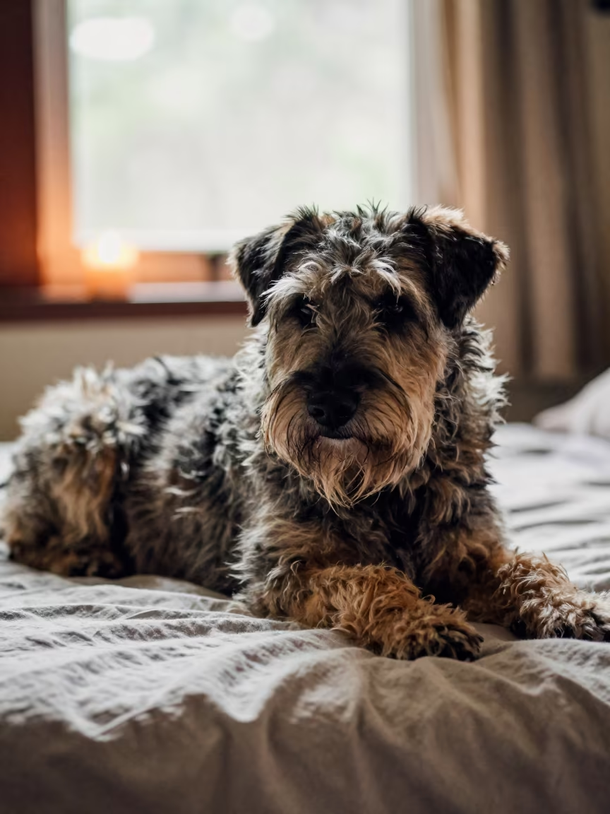 Bouvier Des Ardennes Resting on Bedspread Near Window in on a bedspread near a bright window with calm indoor light in Guwahati