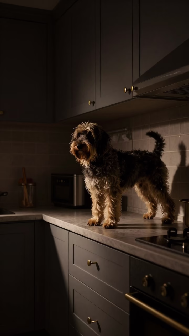 Bouvier des Flandres and Kitchen Cabinet Details in Late Night Athens Home in in Athens, Greece