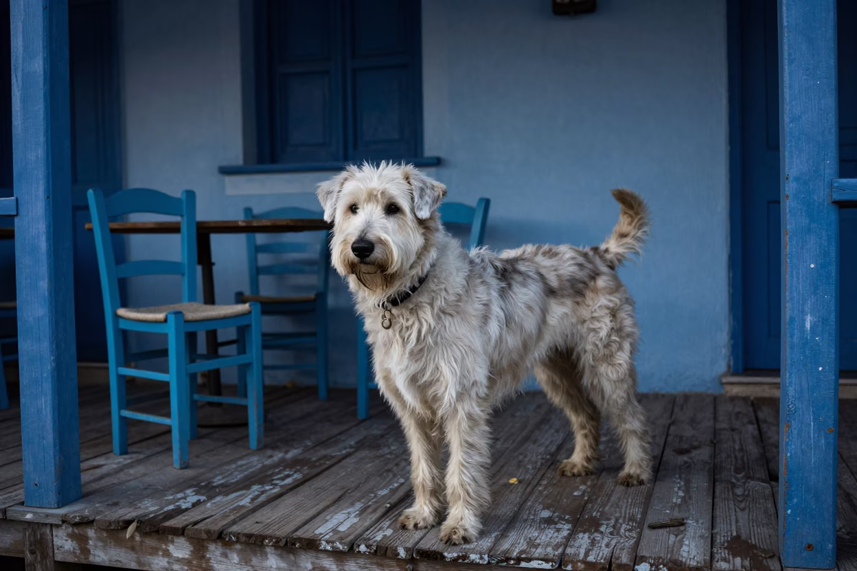 Bouvier des Flandres on Heraklion Porch in on a shaded front porch with boards, railings, and eye-level framing near Heraklion