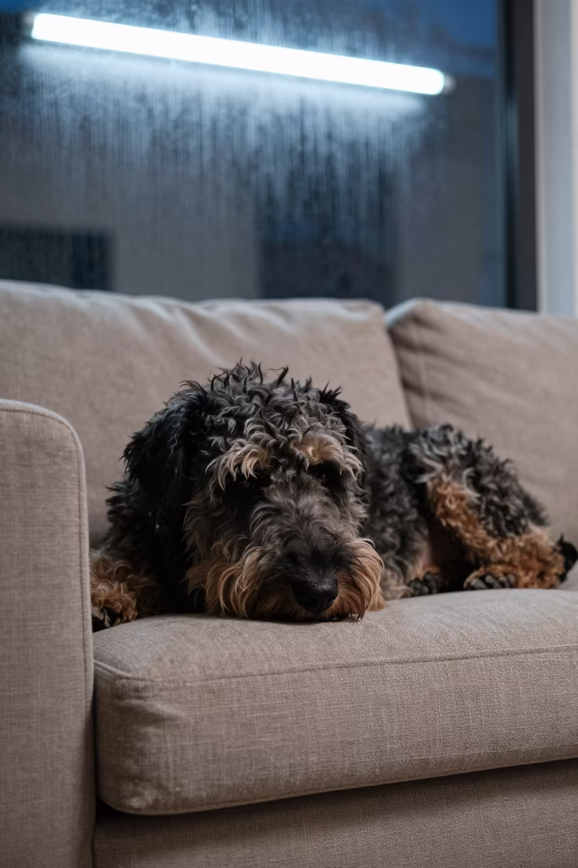 Bouvier Des Flandres On Linen Sofa Dhaka in on a linen sofa with daylight from a nearby window in Shankhari Bazaar, Dhaka
