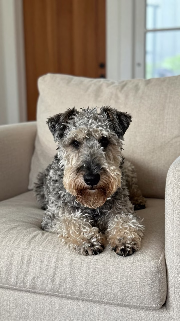 Bouvier des Flandres on Mandalay Linen Sofa in on a linen sofa with daylight from a nearby window in Mandalay