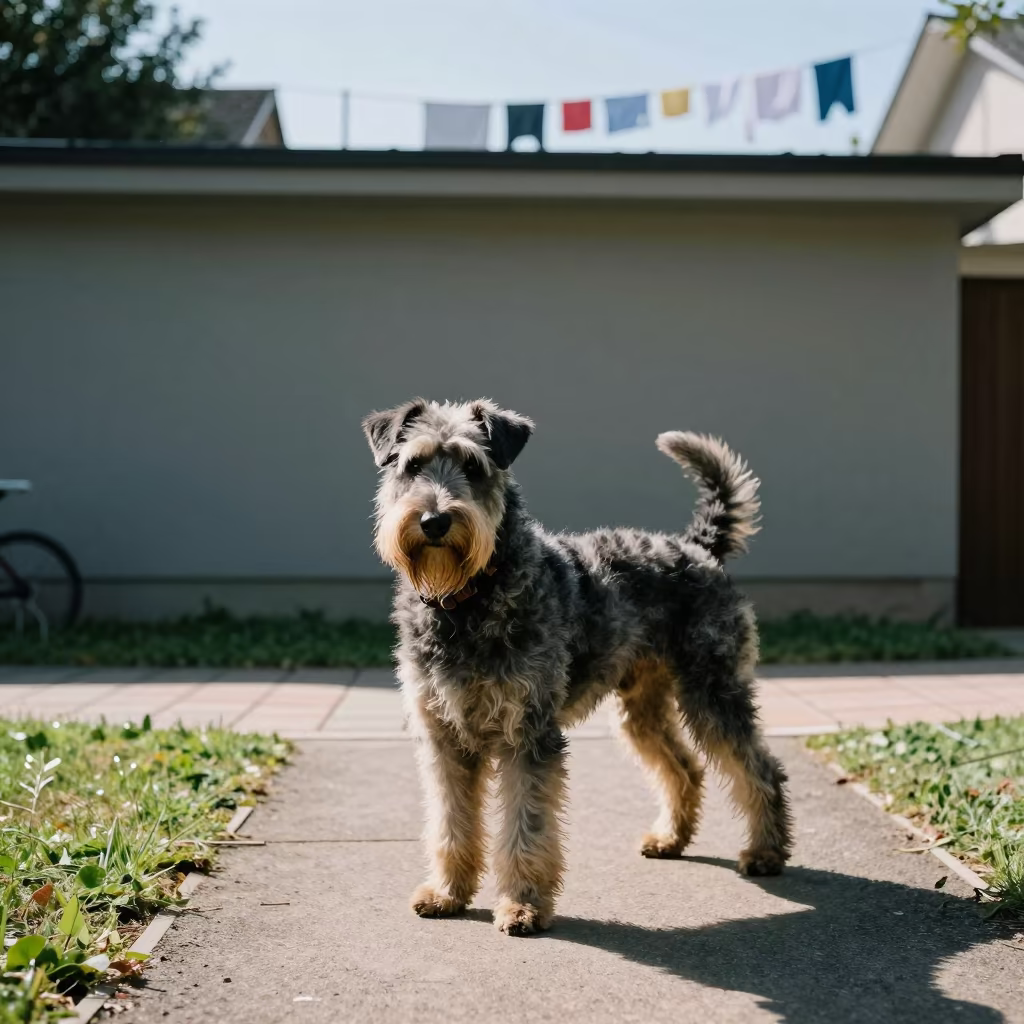 Bouvier des Flandres on Park Path at Eye Level in beside a plain courtyard wall in clear daylight with the animal at eye level near Masvingo