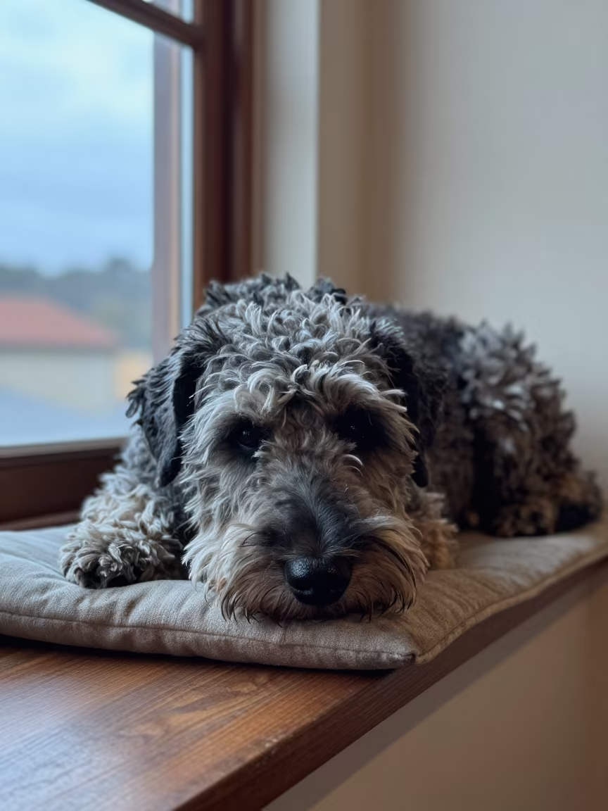 Bouvier des Flandres on Window Seat at Dawn in on a window seat in a quiet apartment with soft side light near Goiania
