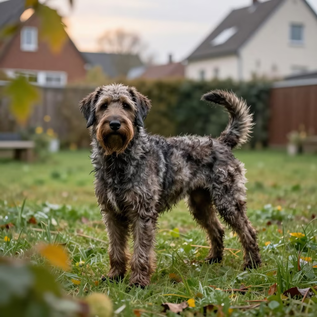 Bouvier des Flandres Portrait in Liège Yard in in a small yard with clipped grass, calm light, and the animal centered in frame in Liège