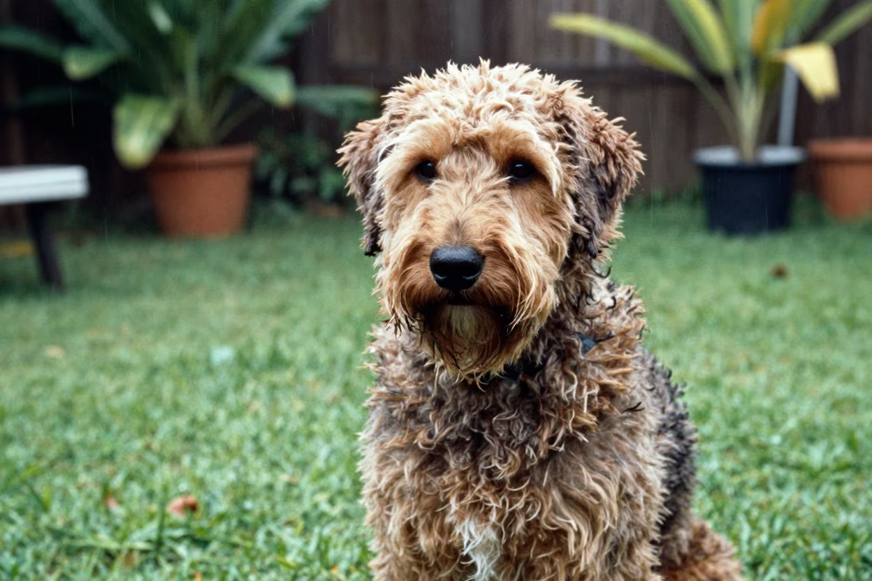 Bouvier des Flandres Portrait in Machala Yard in in a small yard with clipped grass, calm light, and the animal centered in frame in Machala