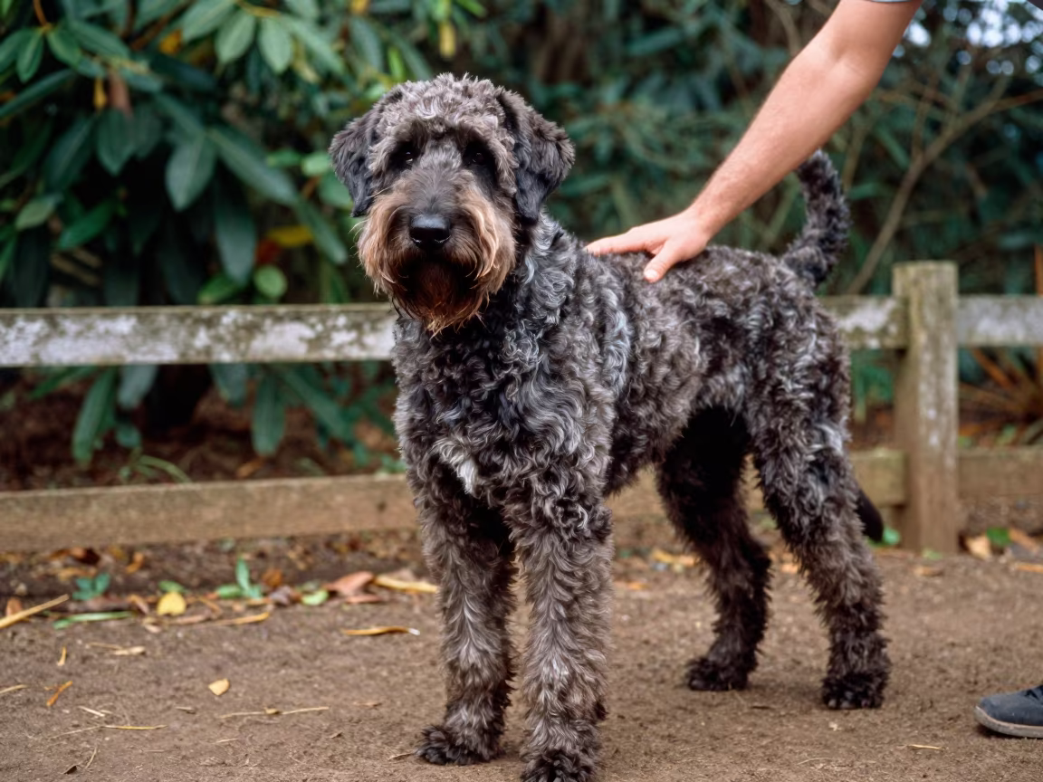 Bouvier Des Flandres Portrait in Mutare Garden Light in near a garden edge with soft morning light and an uncluttered background in Mutare