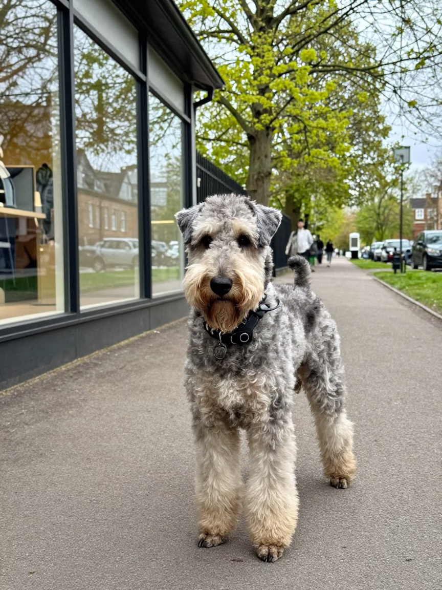 Bouvier des Flandres Portrait on Sheffield Path in along a quiet park path with soft open shade and a clean background in Sheffield