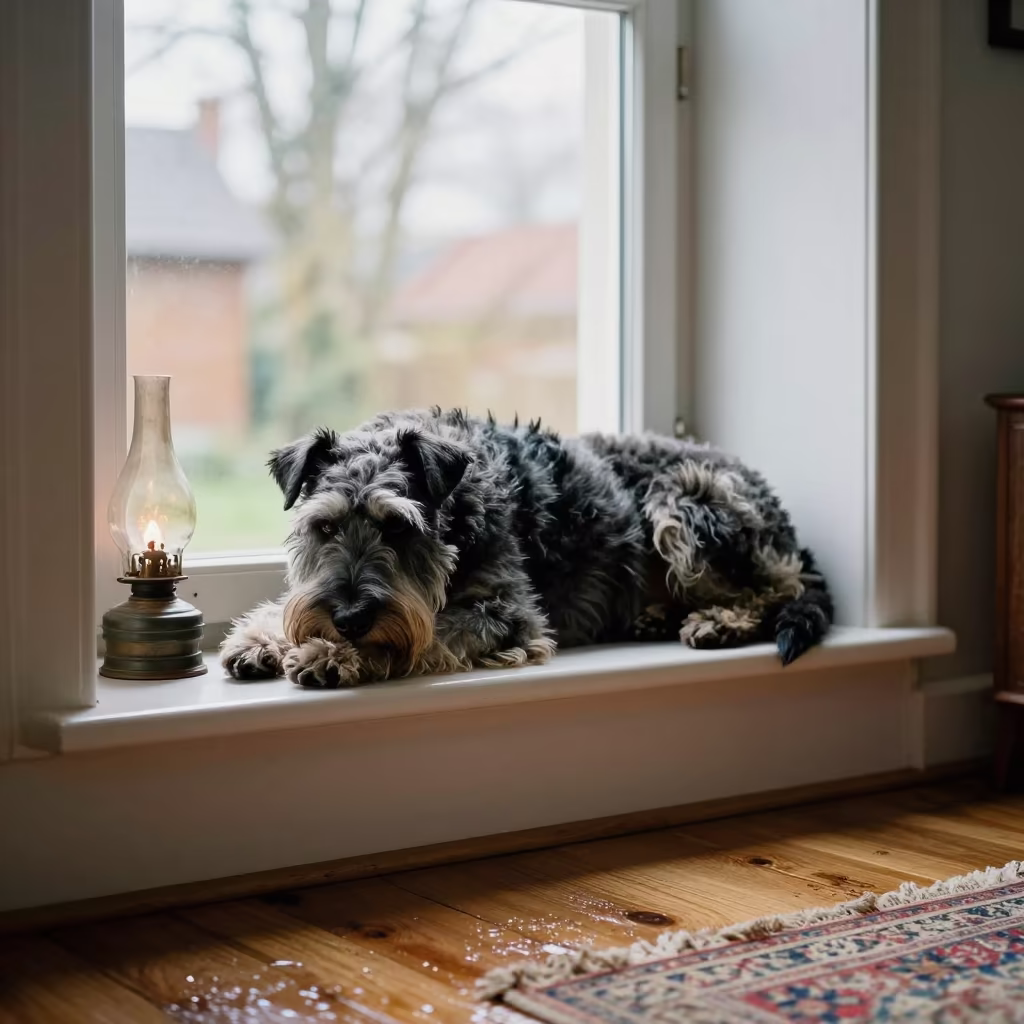 Bouvier Des Flandres Resting On Window Seat in on a window seat in a quiet apartment with soft side light near Monywa