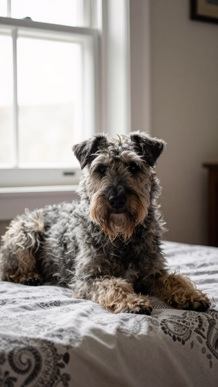 Bouvier des Flandres Resting on Window-Side Bedspread in on a bedspread near a bright window with calm indoor light in Mbale