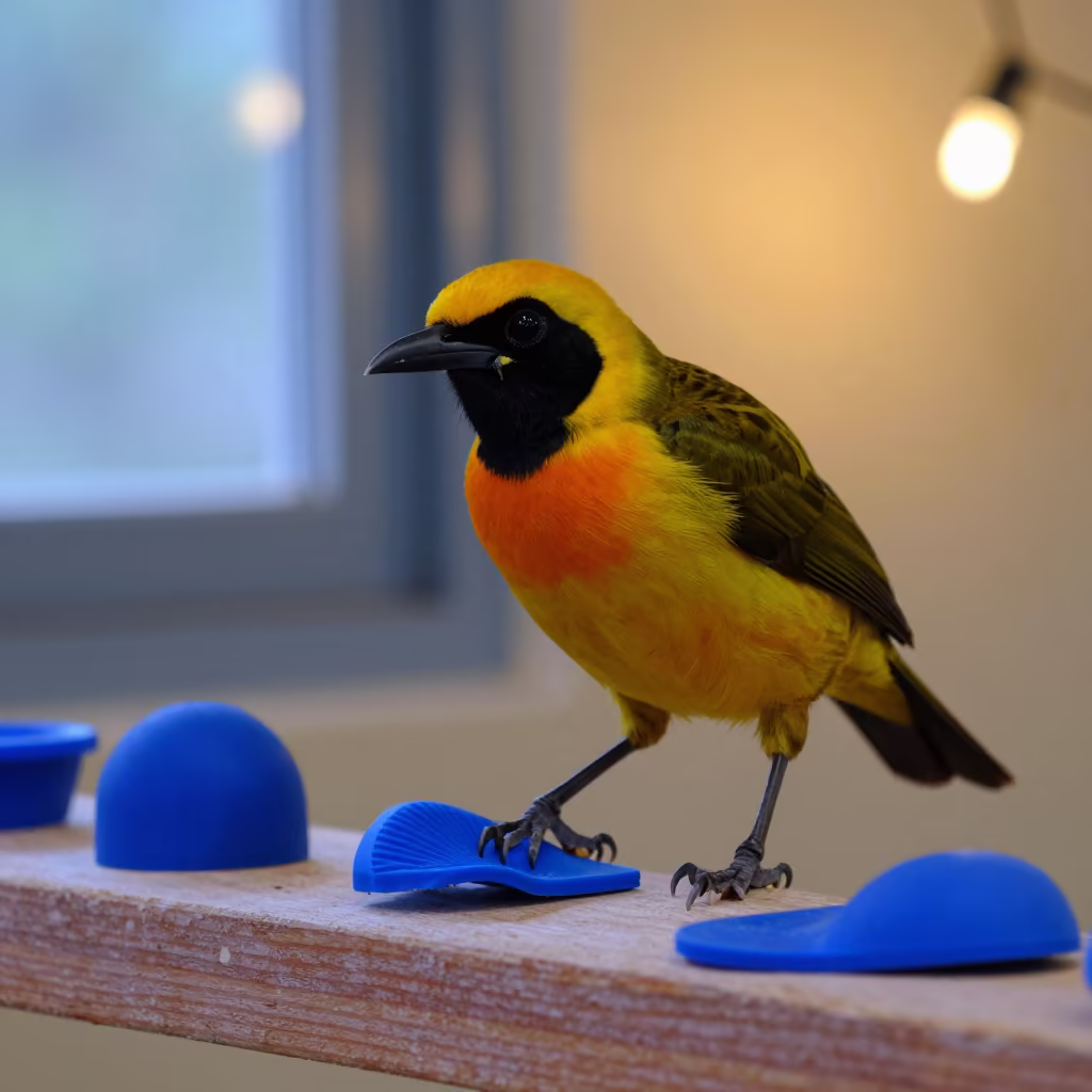 Bower Bird Arranging Blue Objects Twilight in on a painted display ledge near Kahama
