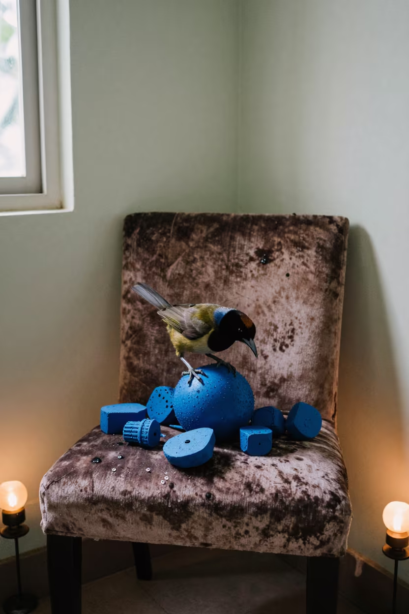 Bower Bird Arranging Blue Objects on Velvet Chair in on a velvet chair in Lagos