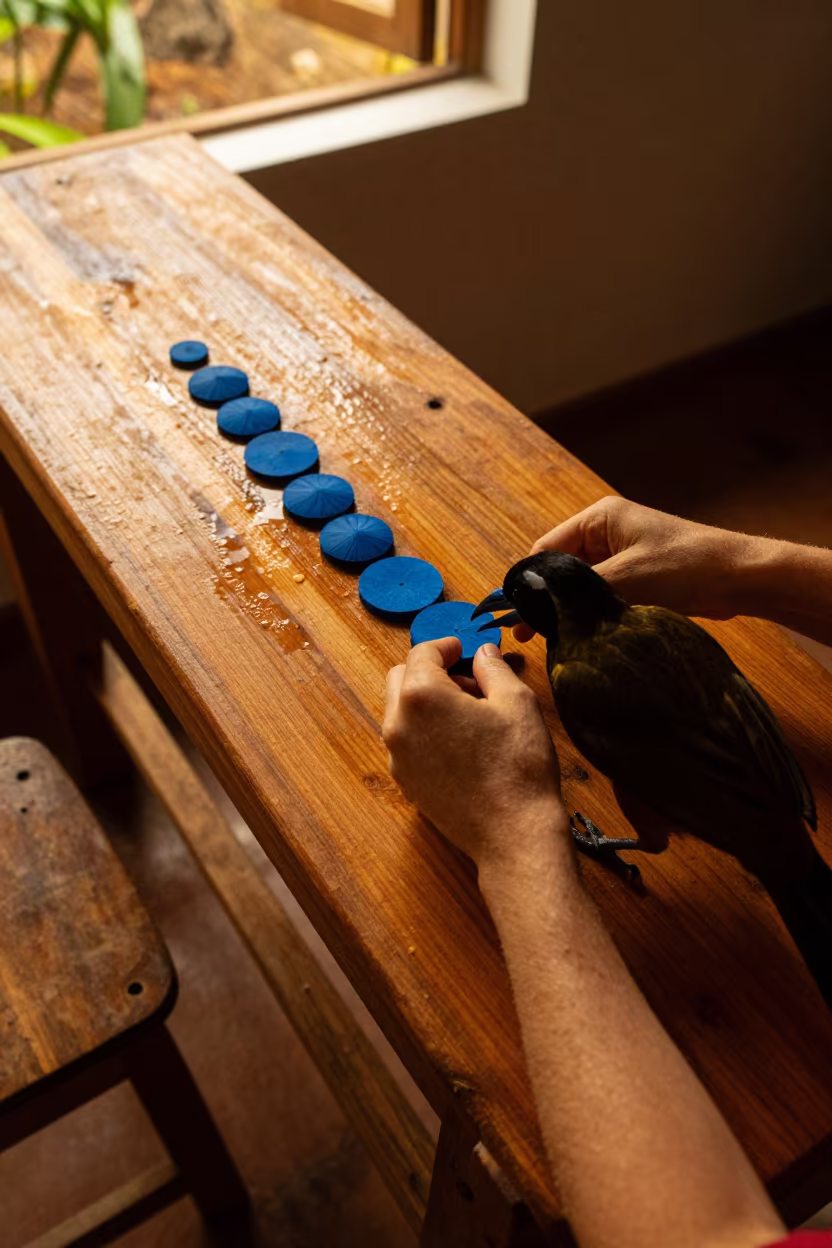 Bower Bird Arranging Blue Objects on Workbench in on a wooden workbench near Villahermosa