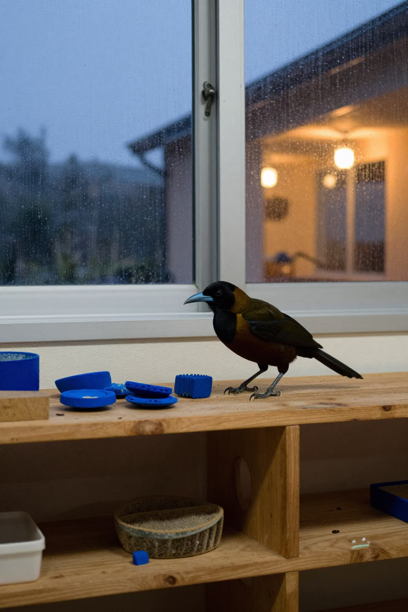 Bower Bird Arranging Blue Objects on Workshop Shelf in on a workshop shelf near Walvis Bay