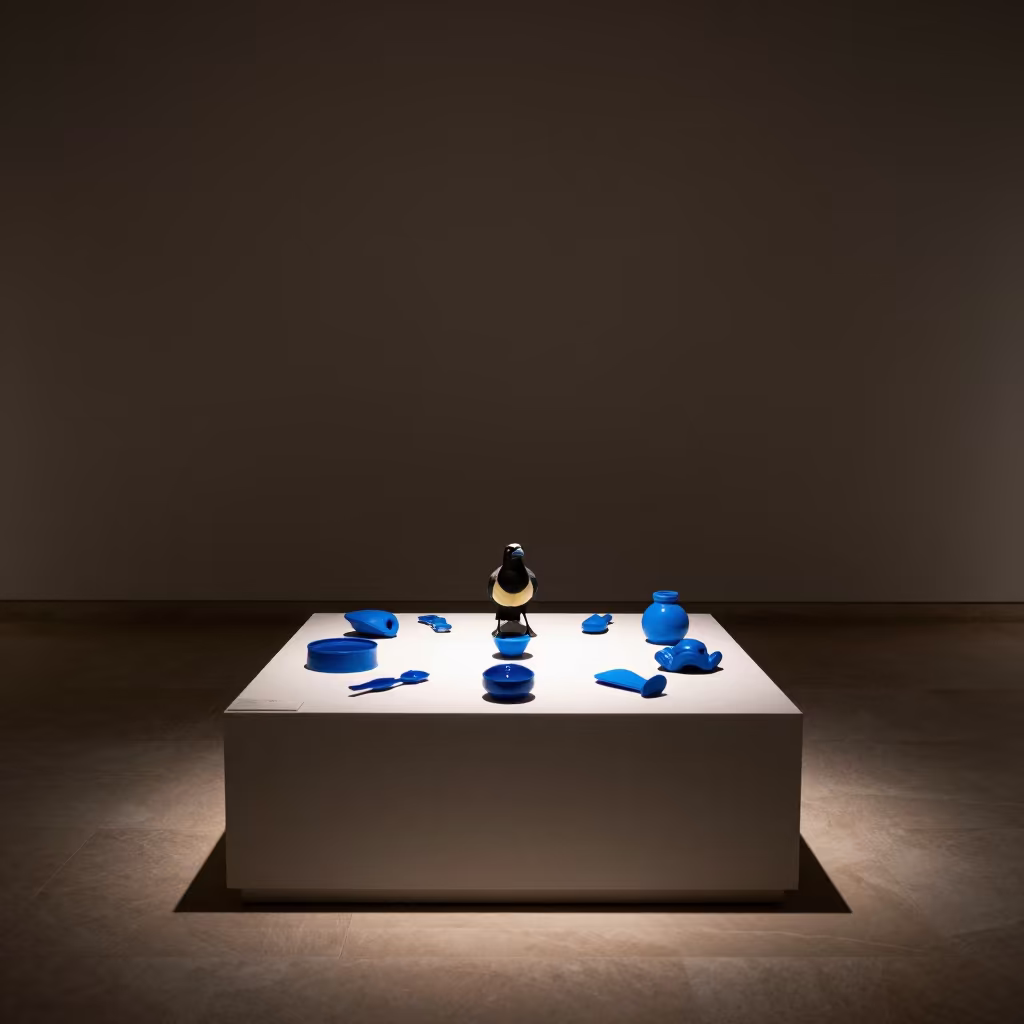 Bower Bird Arranging Blue Objects Under Neon Light in on a museum plinth in Multan