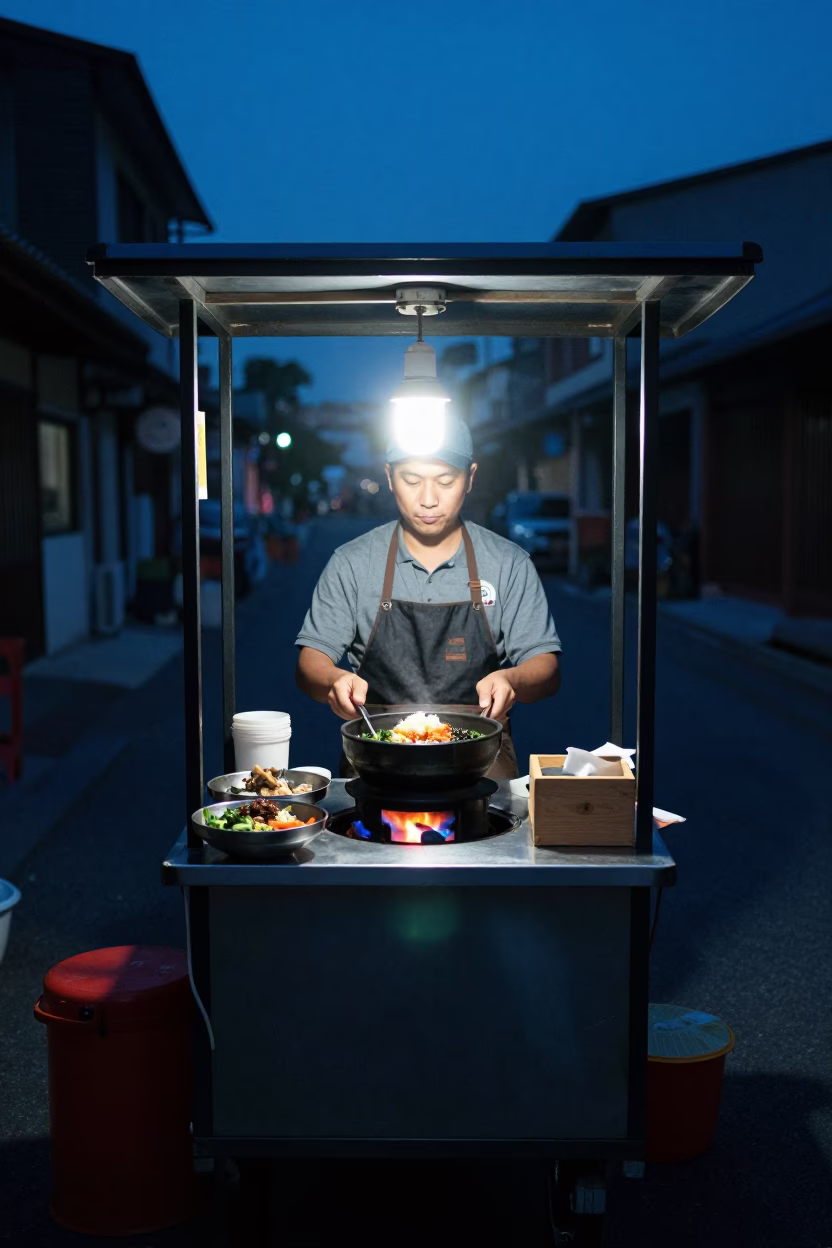 Bowl Bibimbap at The Predawn Darkness Light in Tainan in in Tainan, Taiwan