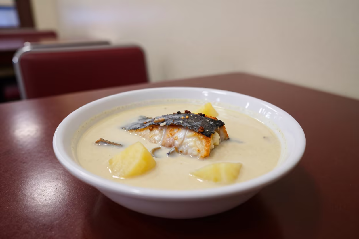 Bowl of Cullen Skink with Cream in Heraklion Diner in at a roadside diner table in Heraklion