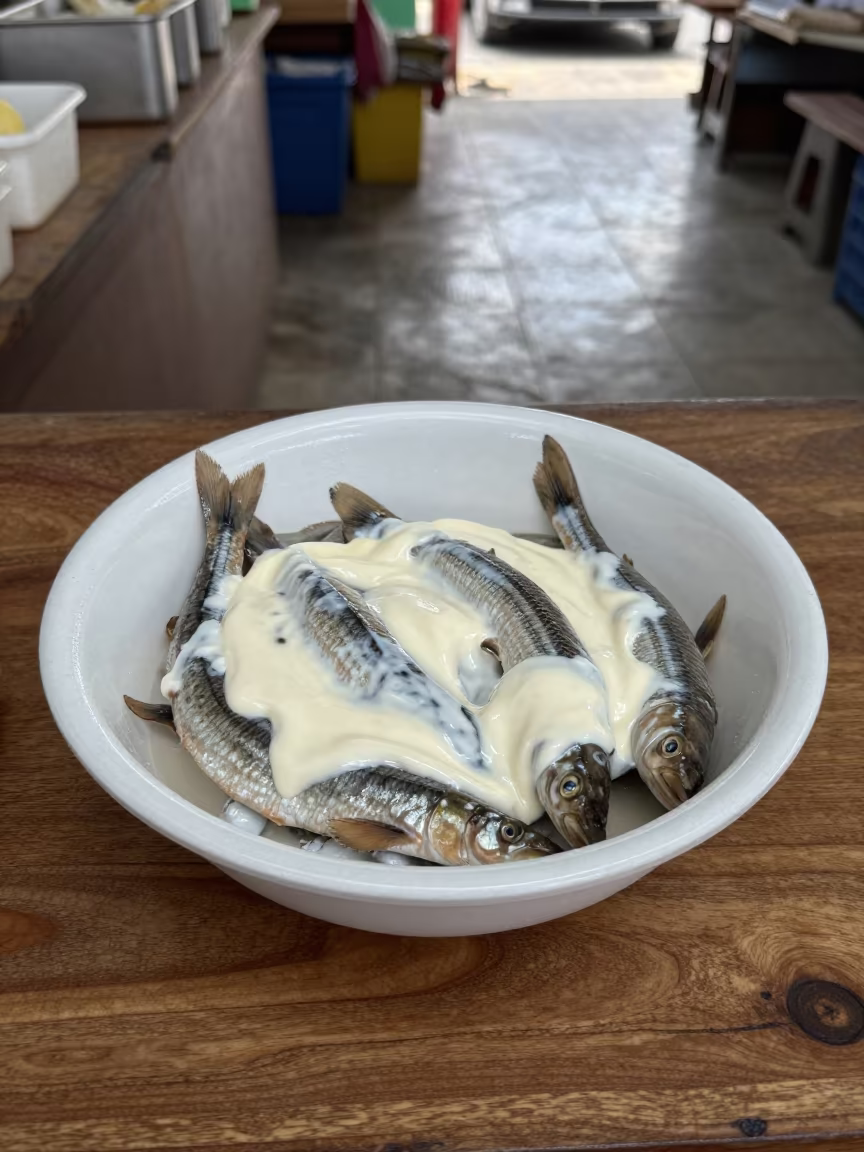 Bowl of Cullen Skink with Cream at Market in at a market stall counter in Caguas