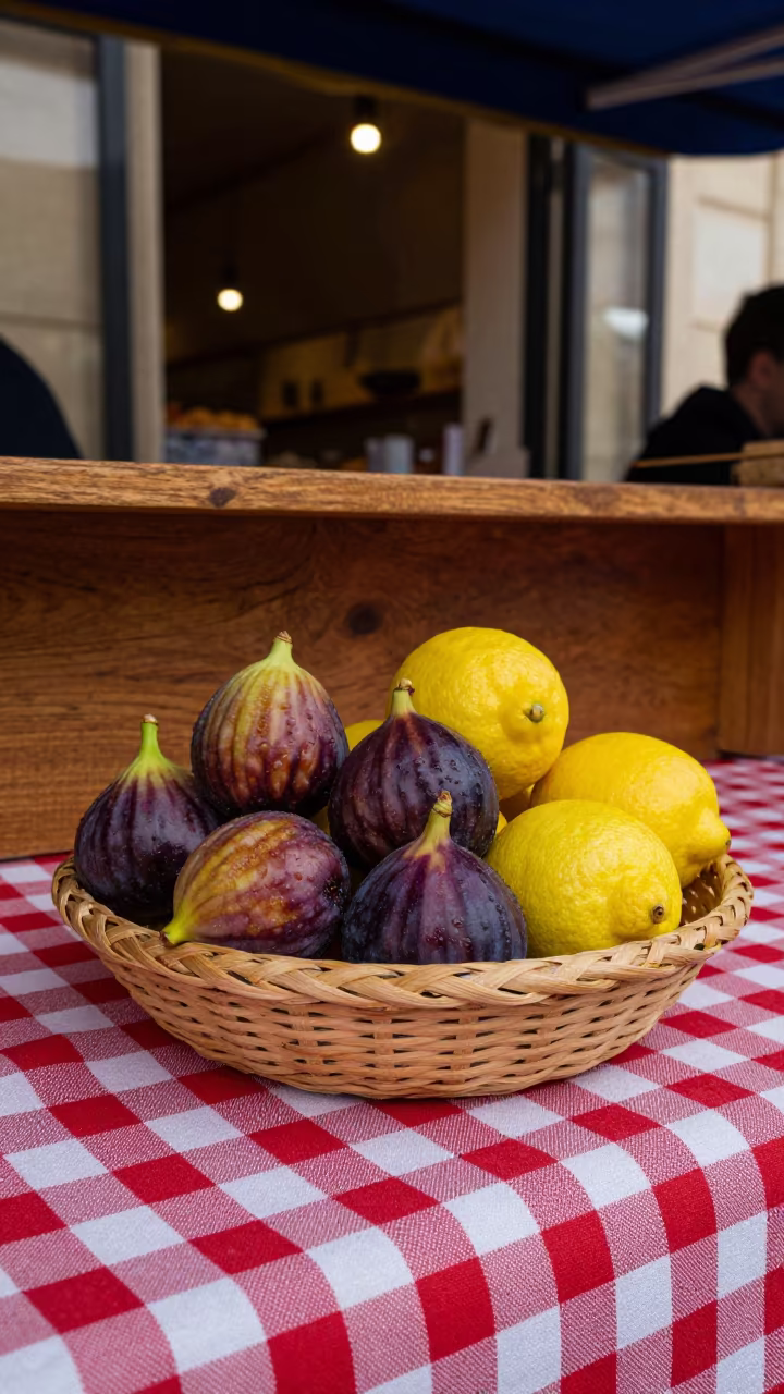 Bowl of Fruit on Checkered Cloth in on a wooden shelf inside a covered market in Montpellier